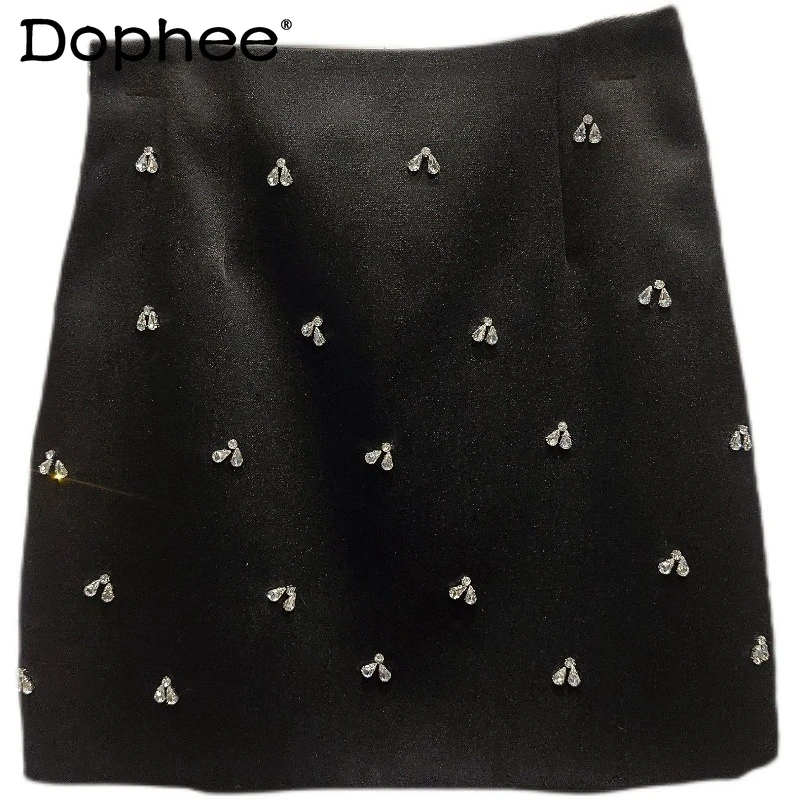 

Women's 2023 Autumn New Dark Socialite Heavy Industry Rhinestone Beaded Design Short Mini Hip Skirt Y2k Kawaii Harajuku Skirts