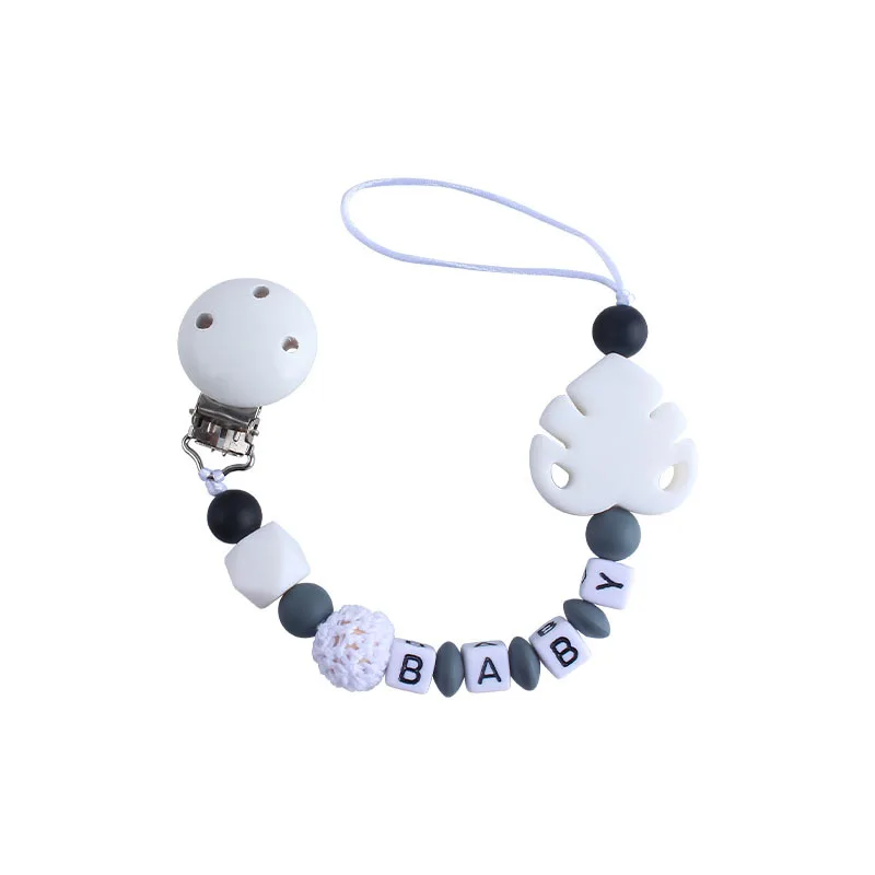 Baby Pacifier Clips Chain Silicone Leaf Beads Teether Toys Dummy Holder English Name Pacifier Chain Gift Customized Name 6