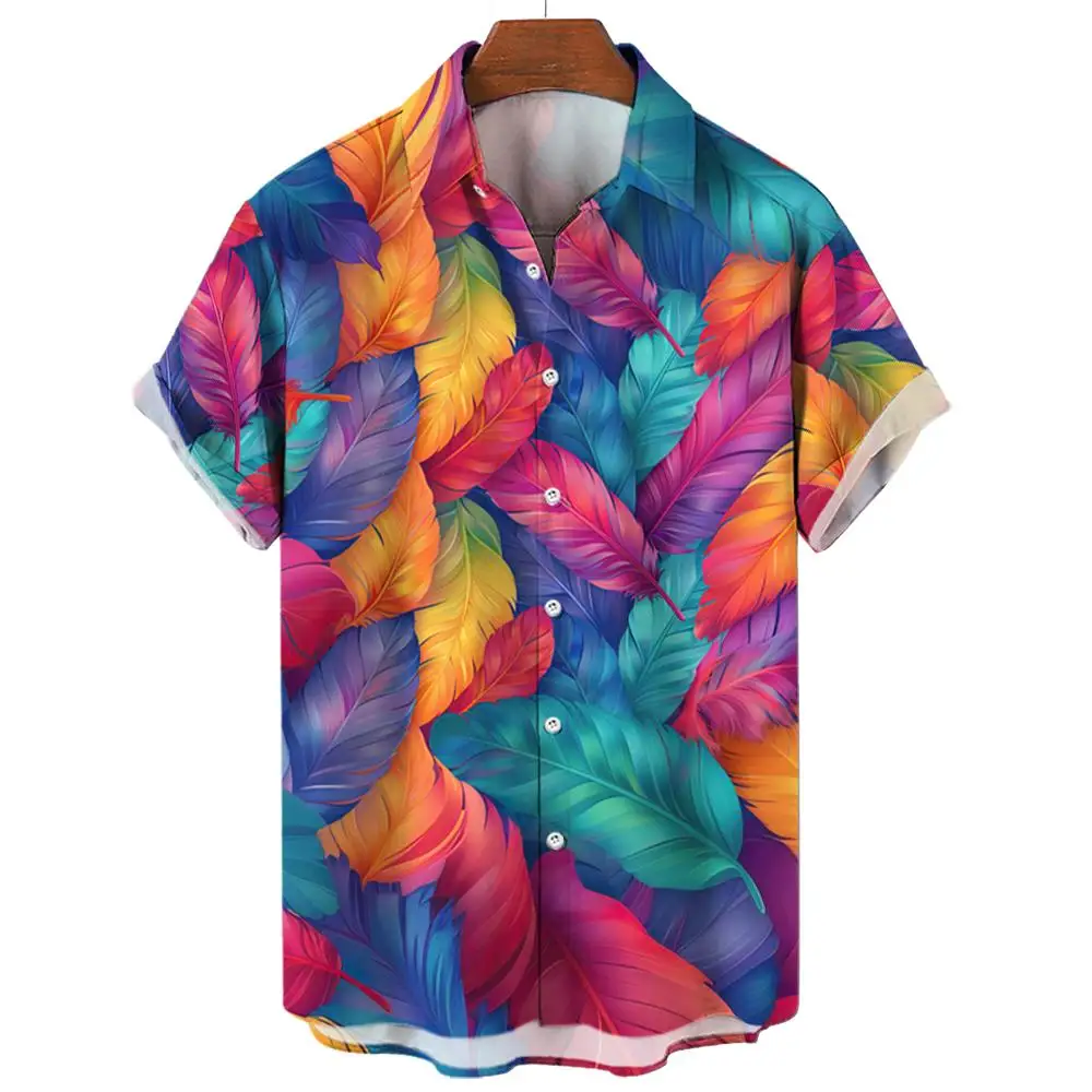 Summer Hawaiian Shirts Casual Men's Shirts Feather Print Shirts for Men Lapel Short Sleeve Men's Clothing Loose Aloha shirts 5
