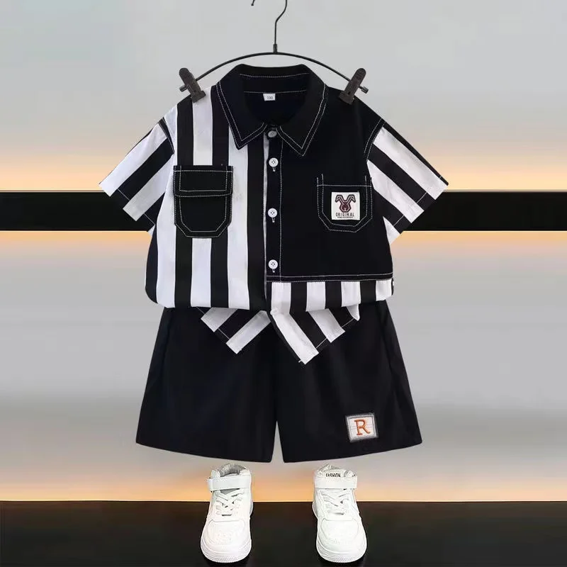 

Boys and Girls Summer Shirt Set 2024 New Boys and Babies Clothing Children's Short Sleeve Two Piece Set Fashionable