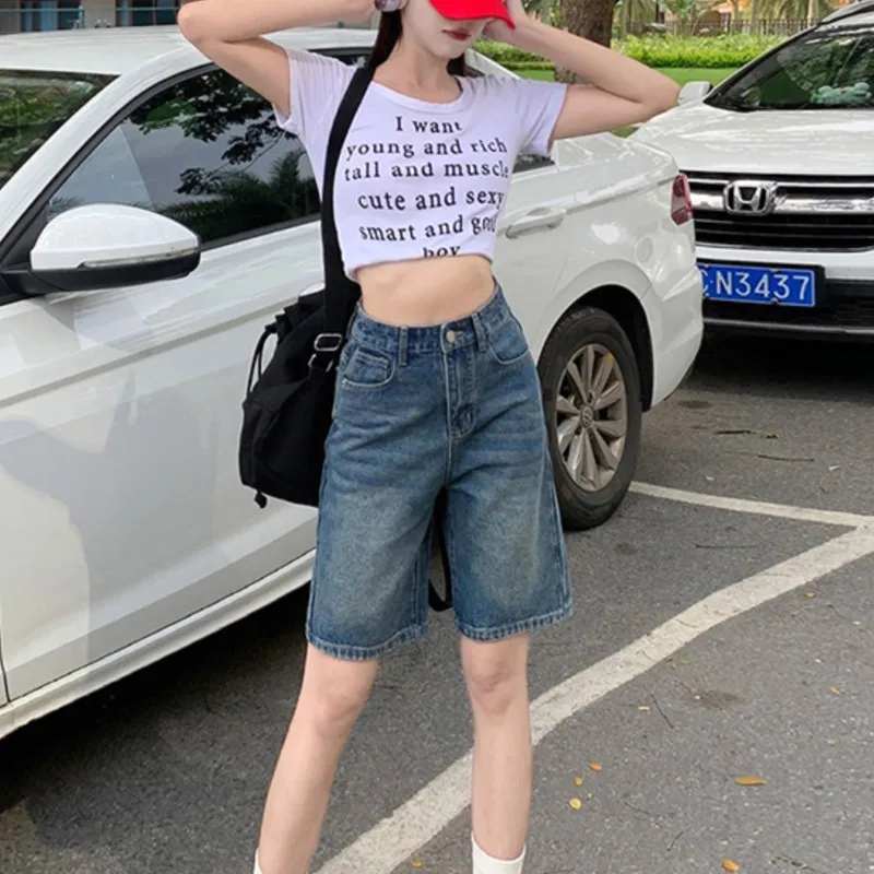 여성용 하이웨이스트 루즈핏 데님 반바지, 슬림한 캐주얼 와이드 레그, 5 포인트, 블루 무릎 바지, 여름 신상