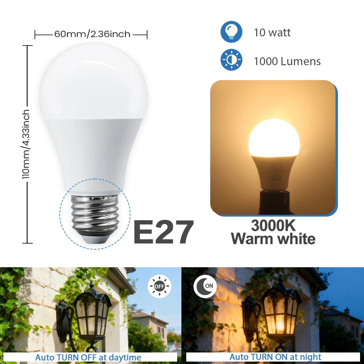 2個パック スマートLEDセンサー電球 E27 B22 電球 ライト 夕暮れから夜明けまで 白色光 AC100-240V 1000LM 10W ポーチ 廊下 屋外 ガレージ用