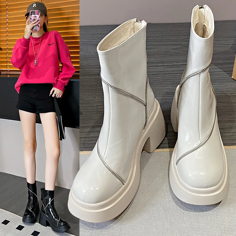 

2023 Autumn Fashion Platform Chunky Ankle Pumps Chelsea Boots Zipper Luxury Sexy Dress Motorcycle Boots High Heels Women Shoes