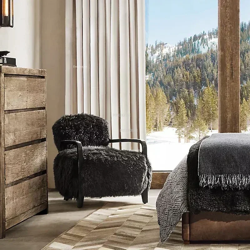 Nordic Fabric Living Room Chairs Home Bedroom Back Armchair Light Luxury Creative Living Room Wooden Lounge Chairs with Pedal