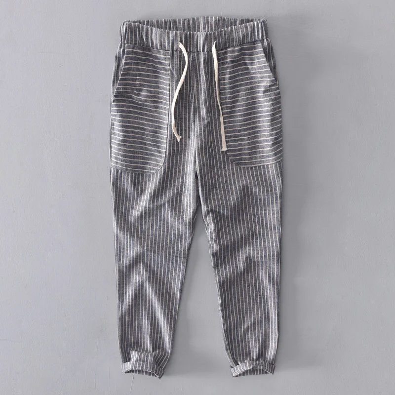 

Summer New Brand Casual Pants Quality Men Striped Cotton Linen Breathable Trousers Male Hip Hop Jogger Mens Sweatpants Plus Size