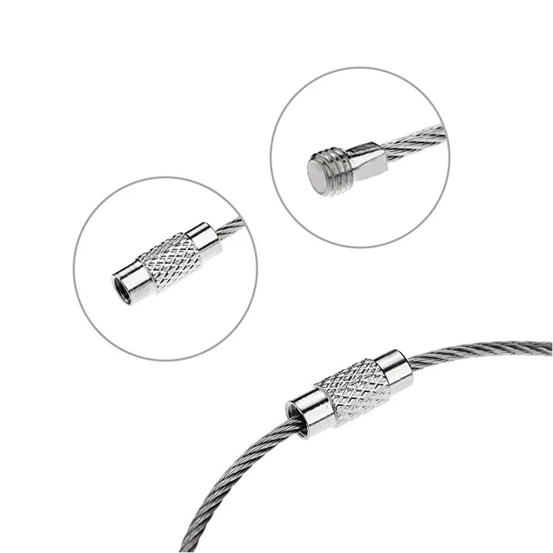 Dia 1.5-2mm EDC Keychain Tag Rope Stainless Steel Wire Cable Loop Screw Lock Gadget Ring Key Keyring Circle Camp Hanging Tool stainless steel wire rope metal keychain steel wire rope