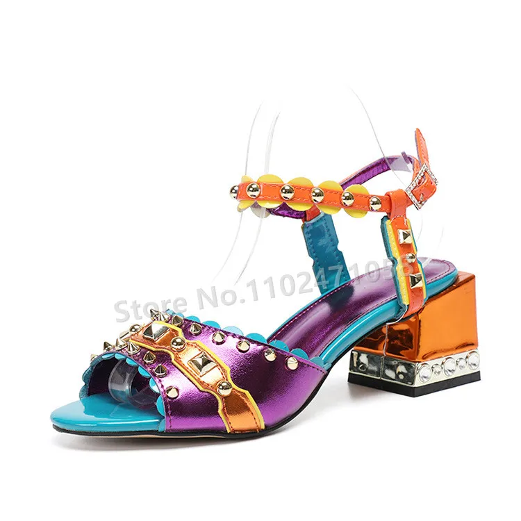 

Luxury Rivet Mixed Color Square Heel Women Sandals Wedding Bride Round Toe Hight Heels Summer Ladies Party Buckle Strap Shoes