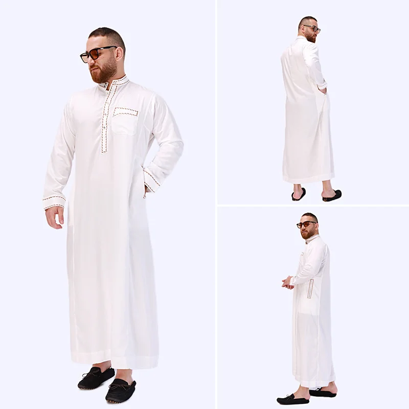 

Muslim Robe Arab Fashion Long Sleeved Worship Robe White Men Abaya National Costume Dubai Saudi Arabia Men Clothing