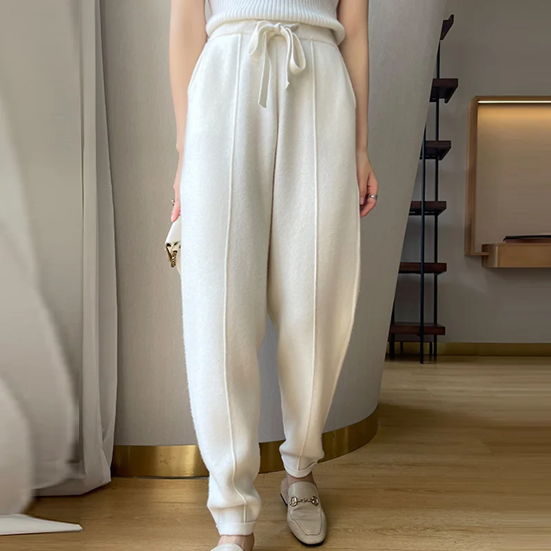 Fashion 100% merino wool cashmere women's knitted wool pants in autumn and winter new elastic waist feet pants.