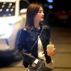 2023 Women's Genuine Leather Jacket Spring New Short Top Women Natural Sheepskin Standing Collar Leather Clothing Female Outwear