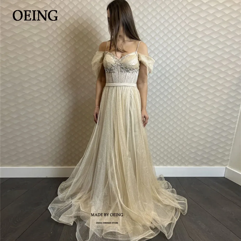 

OEING Elegant Champagne Tulle Prom Dress Floor Length Evening Dresses Saudi Arabia Formal Occasion Gowns Vestidos De Noche