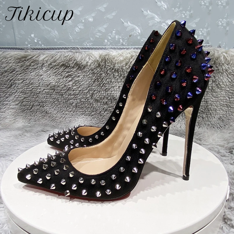 

Tikicup Shiny Spikes Women Black Flock Synthetic Suede Pointy Toe High Heel Shoes for Party Sexy Ladies Stiletto Pumps Plus Size