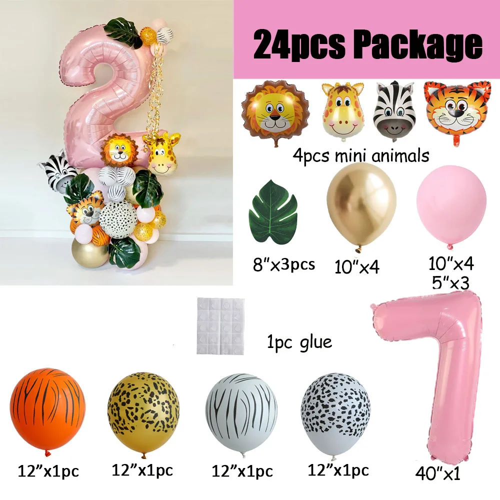 Globos rosas para fiesta de cumpleaños de niña con diseño de safari en la jungla, vajilla desechable con forma de animal, platos, vasos y servilletas, decoraciones para fiesta de cumpleaños en el bosq