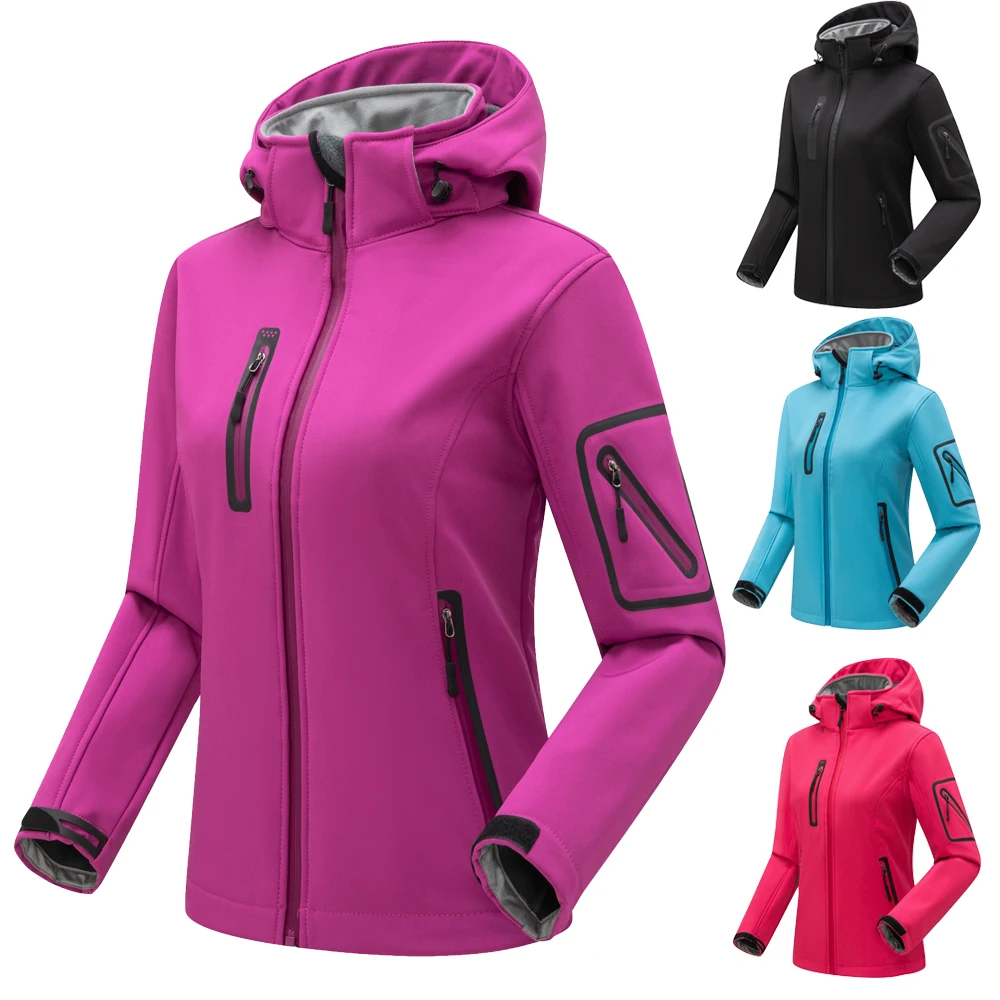 Thermal Fleece Women Softshell Jacket Windproof Hiking Running Trekking Camping Coat Hood Outdoor Sports