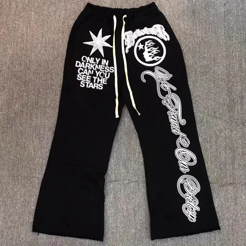

New Black Hellstar Sweatpants Classic Flame Star Letter Print Trousers American Hip Hop Casual Loose Men Women Bell Bottoms y2k