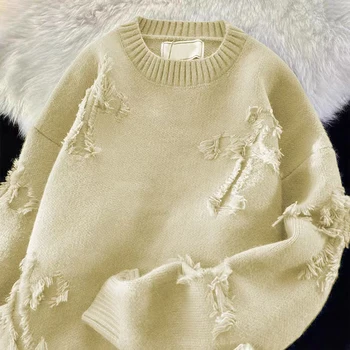 Autumn Winter Men's Hole Fringed Tassel Sweater Men knitwear Neutral Wind Round Neck Loose Pullovers Sweater Oversized Knitted