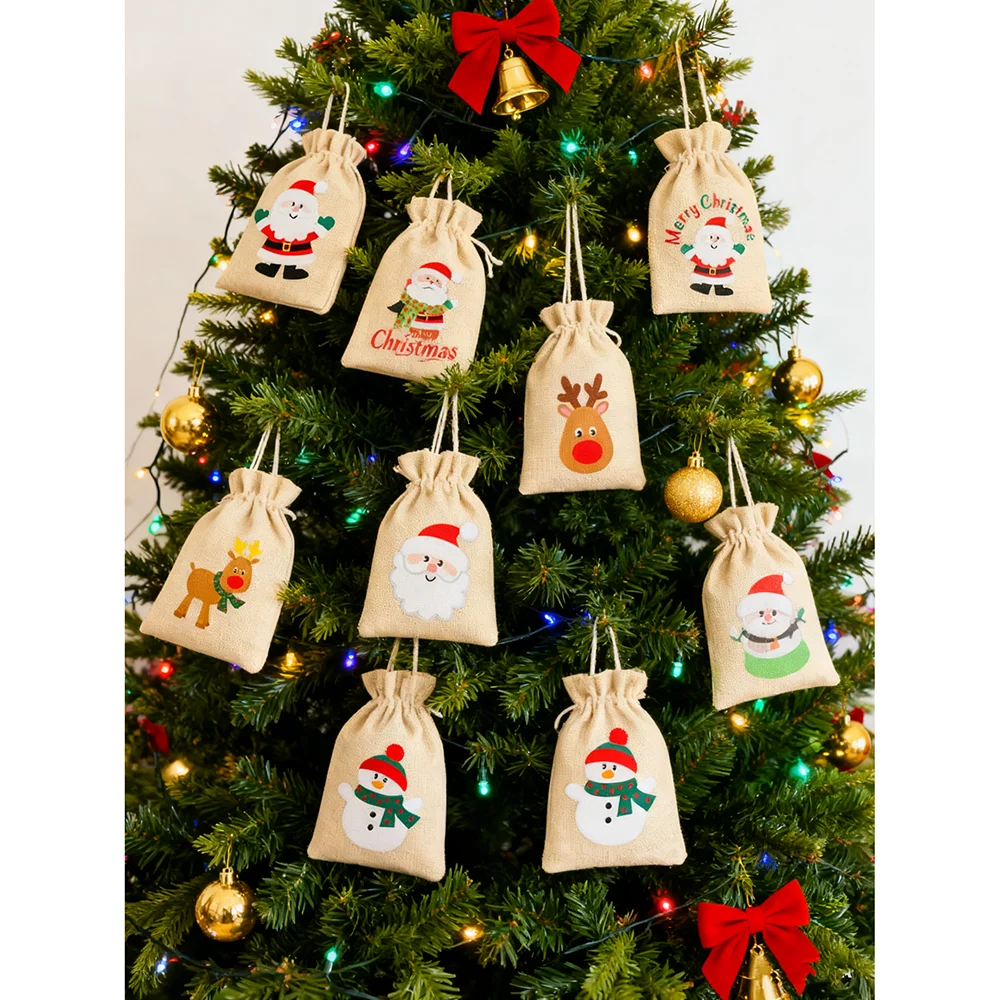 10 pièces Sacs-Cadeaux en Toile de Jute de Noël avec Pochette de Bonbons à Cordon de Noël Paquet 10 pièces Sacs-Cadeaux en Toile de Jute de Noël avec Pochette de Bonbons à Cordon de Noël Paquet