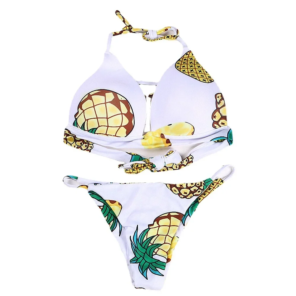 

Pineapple Print Bikini Swimsuit Sexy Bikini 2024 Woman Push Up Biquini Solid Bathing Suit Lace Up Beachwear Swimwear