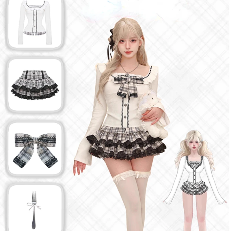 Elegant Vintage Suits Women Sweeet Bow Slim Knitted Cardigan Coats + Lace Mini Skirts Japanese Kawaii 2 Piece Sets Y2k Clothing 5