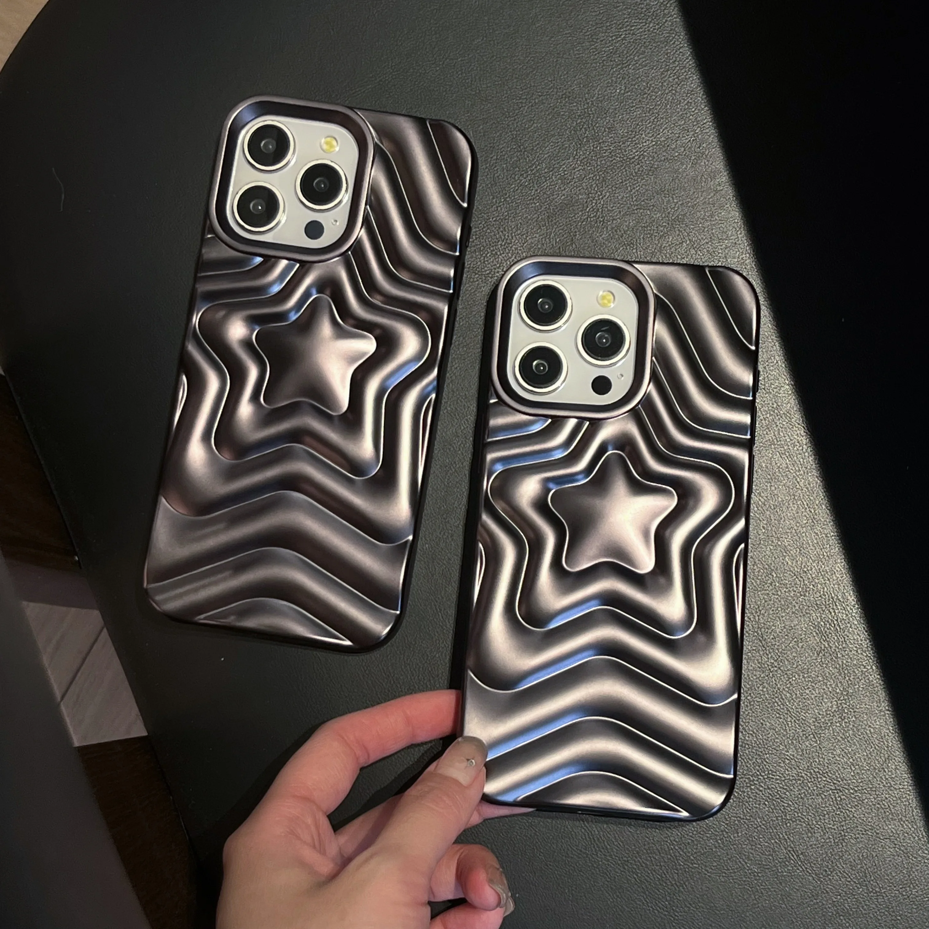Gun Color Wave Pattern Shockproof Solid Phone Case with 3D Star Ripples Design