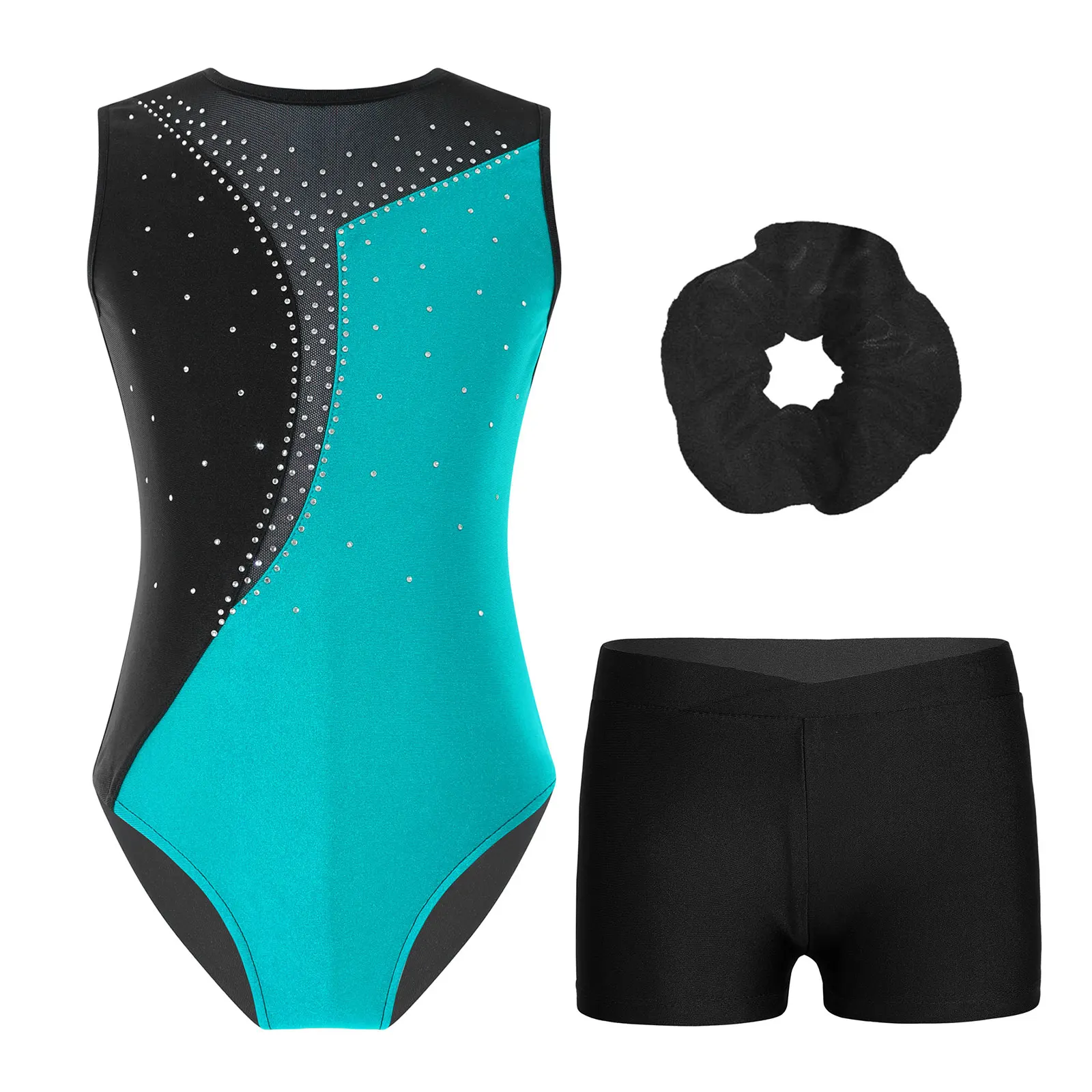 Kids Girls 6 to 16 Years Dance Gymnastics Workout Jumpsuits Sleeveless Shiny Rhinestones Leotard with Shorts Hair Band Set