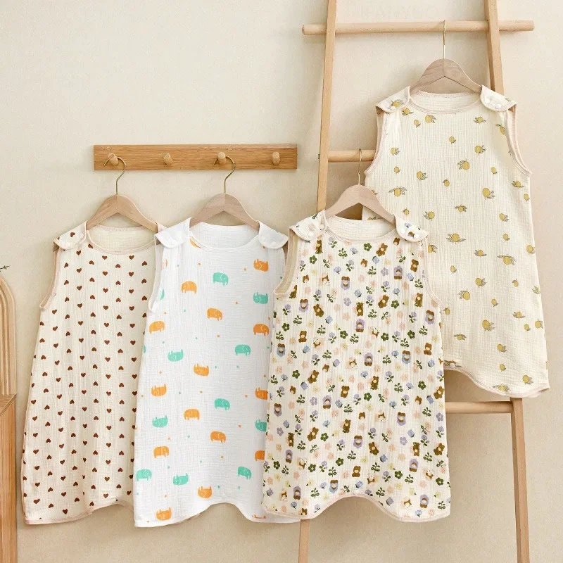 Summer Thin Four Layer Cotton Gauze Baby Jumpsuits Waistcoat Vest Cartoon Infant Kick Resistant Quilt Kids Sleeping Robe Blanket