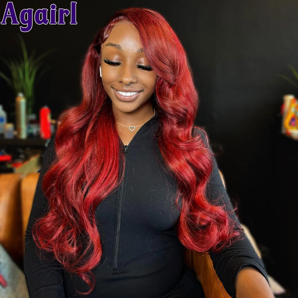 

13X6 Transparent Lace Frontal Wavy Wigs 200% Cherry Red 13X4 Glueless Body Wave Lace Front Wigs For Women 6X4 Lace Closure Wig