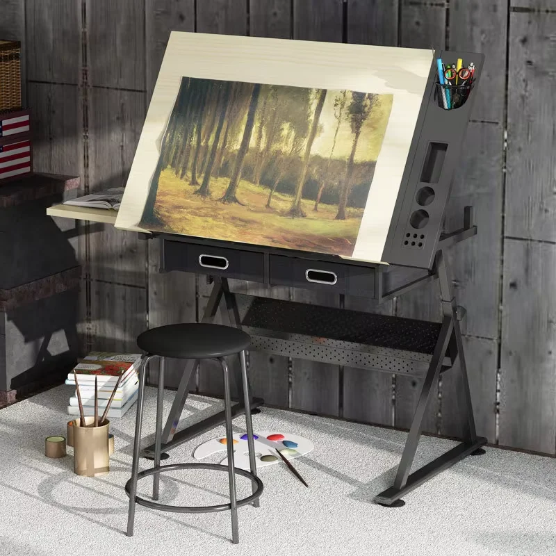 Tavolo da Disegno Artistico in Legno Massello con Piano in Vetro - immagine 5