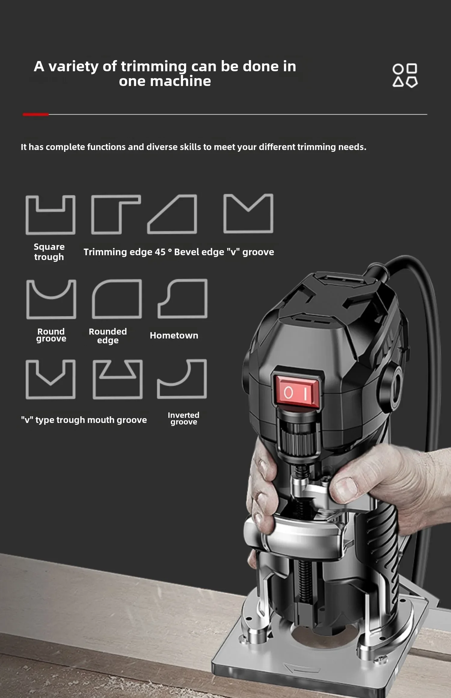 220V Multi-functional Electric Trimmer for Woodworking with Slotting and Engraving Features