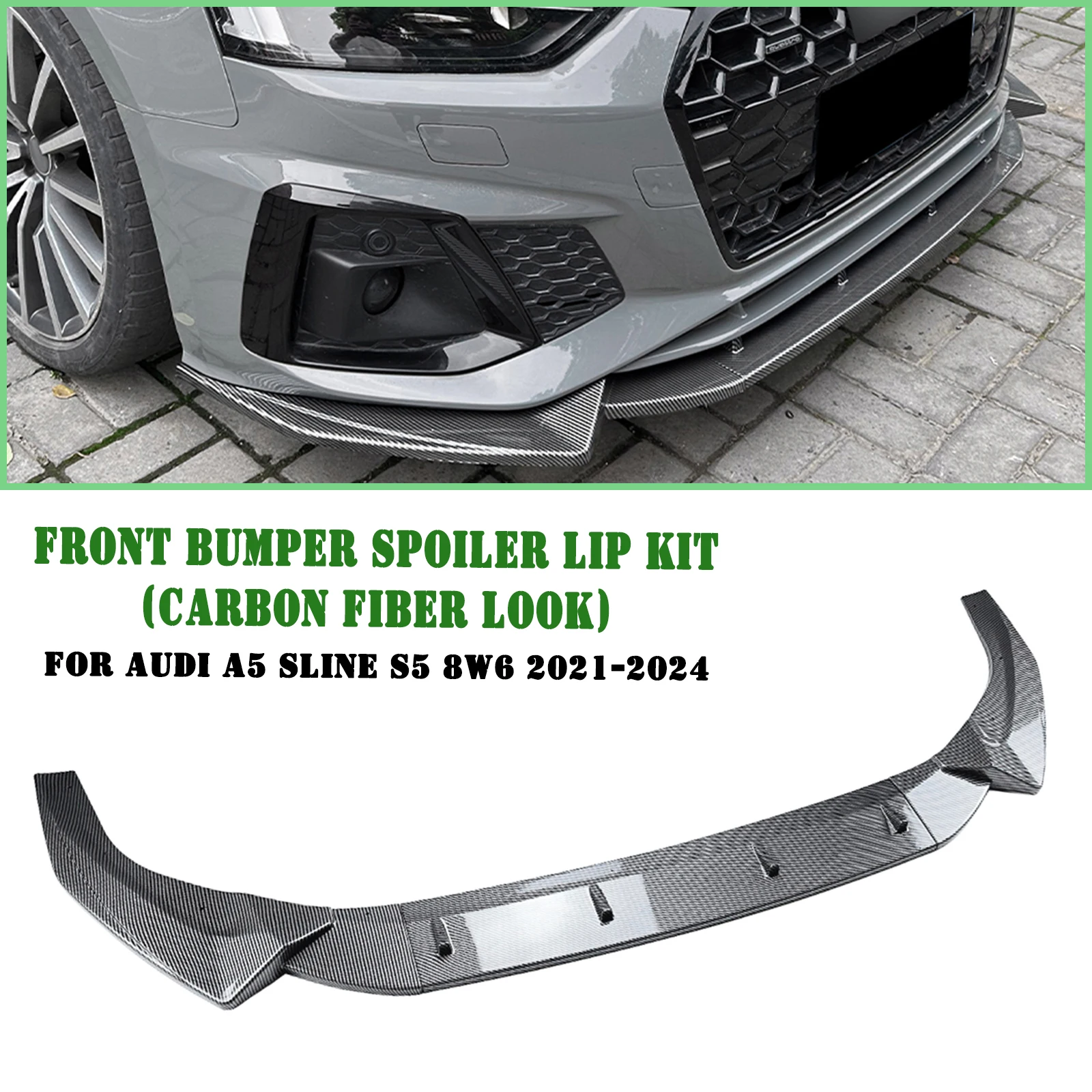 3 Pieces Front Bumper Lip Spoiler Splitter Side Body Kit Trim Protection Compatible With 2017 2018 Audi A5 Sportback Coupe, B9 Model Bumper Only