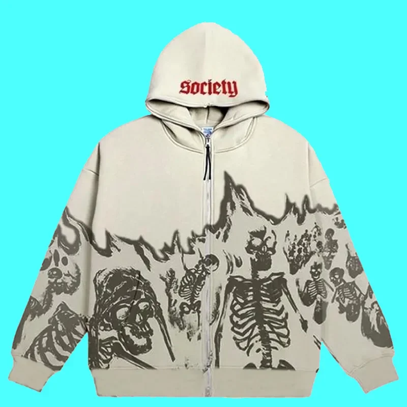 Men Anime Skull Hoodies Women Vintage Gothic Zip Up Long Sleeve Streetwear Loose Coats Harajuku Letter Print Hooded Sweatshirts