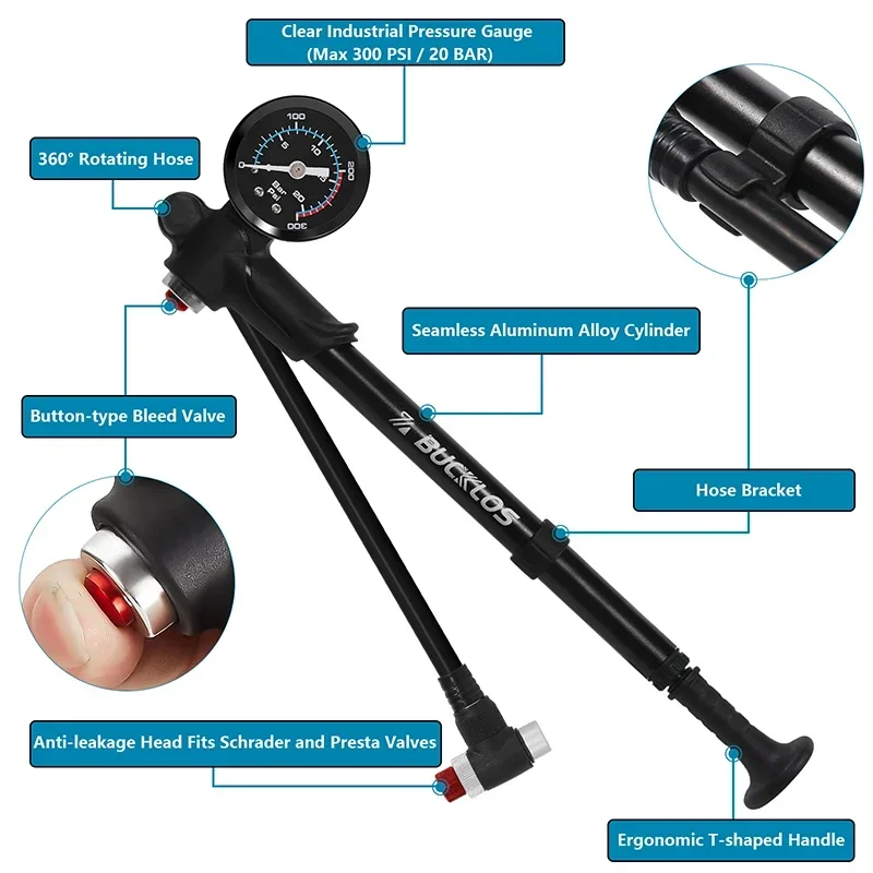 Mountain Bicycle Air Shock Pump with Gauge for Fork Rear Suspension Bike Tire In