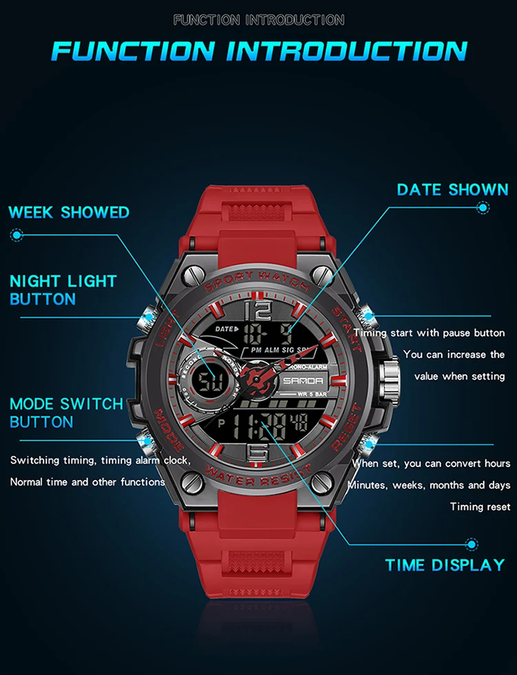 SANDA New Fashion Military Sports Watch Dual Display LED Date Digital Watches Waterproof Men's Quartz Watch Relogio Masculino