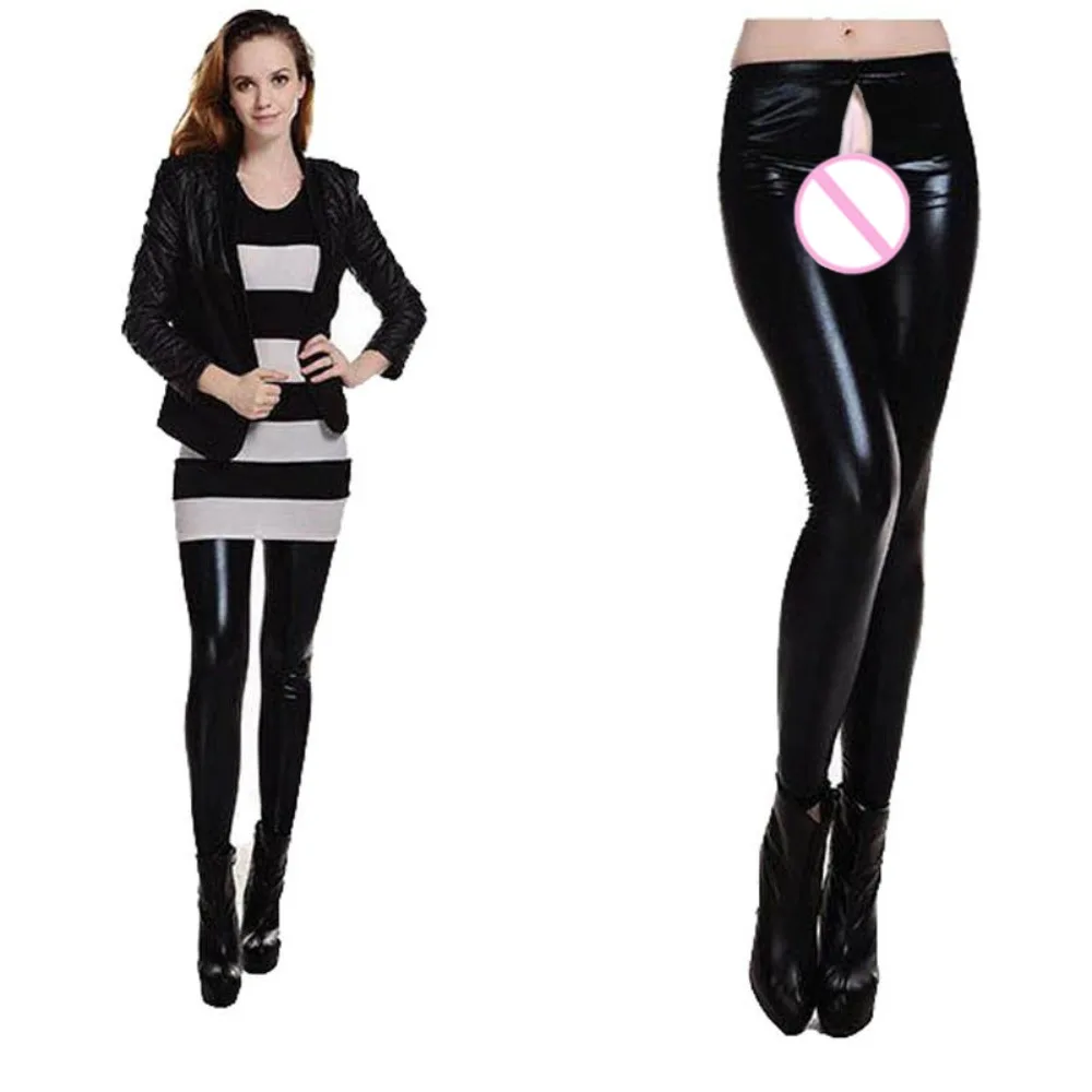 Invisible Open Crotch Outdoor Sex Women Bright Faux Leather Pants Sexy Yoga PU Leggings Sports Casual Tights Dance Club HotPants