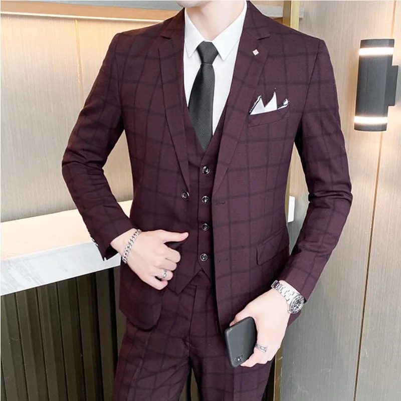 Traje de lapela entalhado xadrez estilo inglês masculino, ternos clássicos  masculinos, jaqueta de luxo, calça, colete, colete, slim fit, balzer, 3  peças - AliExpress