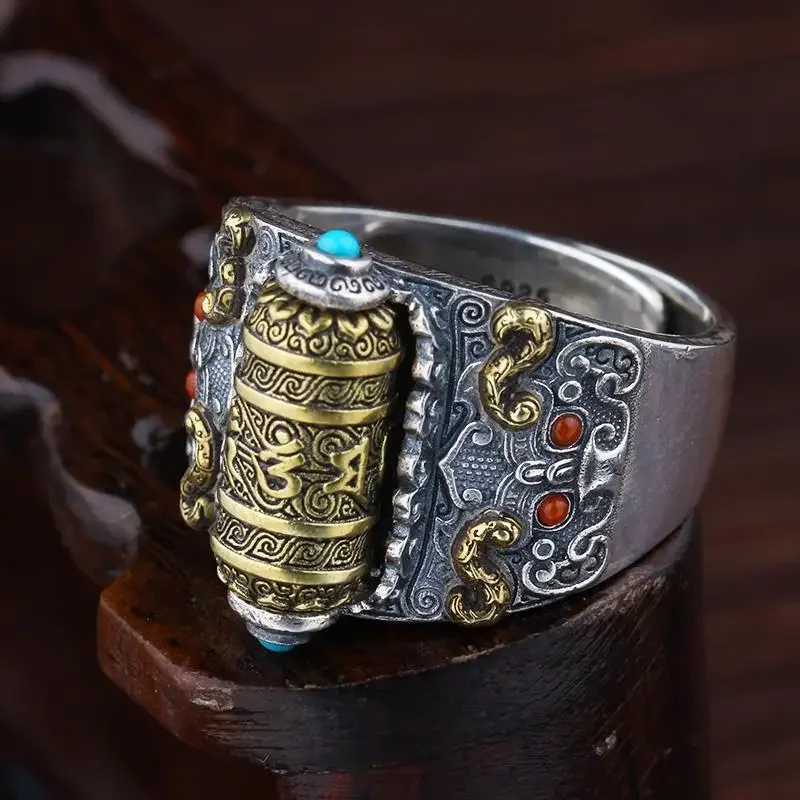 QN Lucky Spell Pure Silver Men's Rotatable Ring Trendy Retro Color