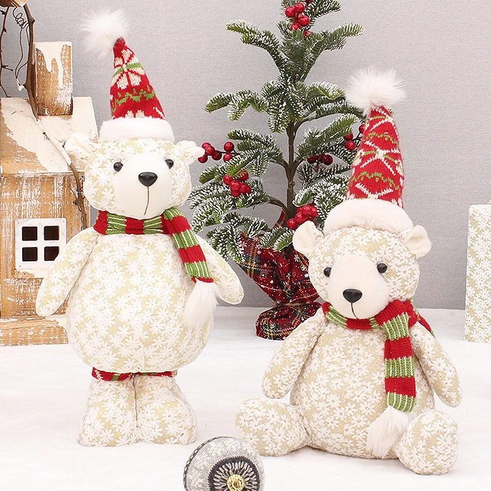 

Christmas decorations Cute white standing elk knitted red hood sitting bear plush Christmas family gathering decorations