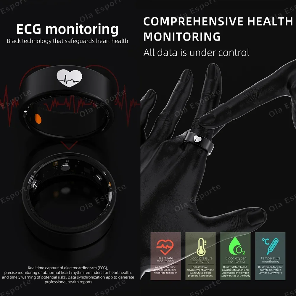 QINO Nuovo Anello Intelligente con Rilevamento ECG, Pressione Sanguigna, Frequenza Cardiaca, Monitoraggio Temperatura Corporea, Impermeabile, Tracciamento GPS per Uomini e Donne - immagine 4