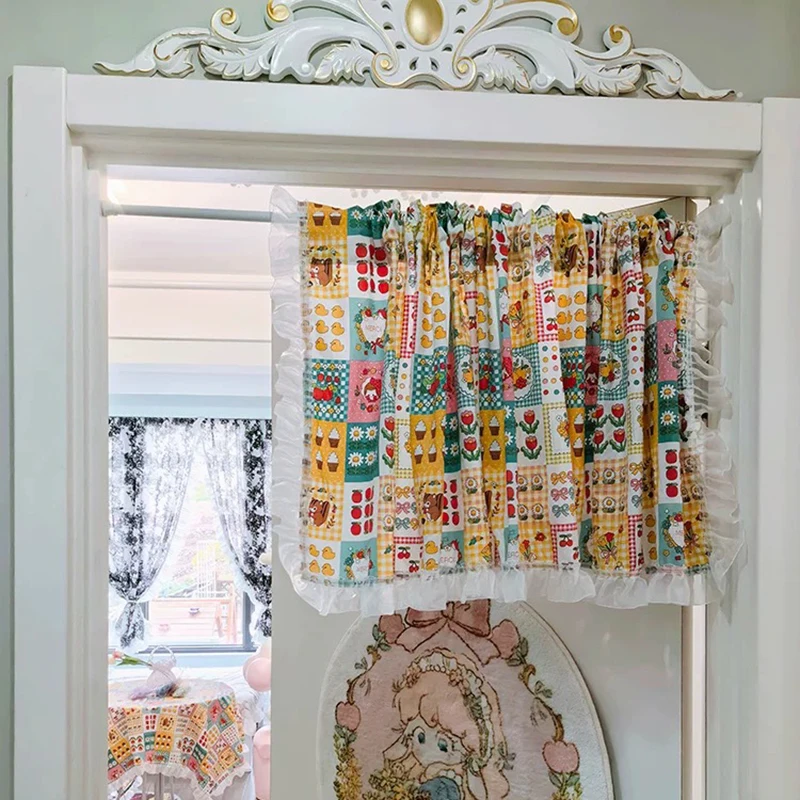 Lattice Fruit Patterns Korean Short Curtains Cloth for Living Room Japanese Pastoral Wave Lace Half Curtains for Kitchen #A591 4