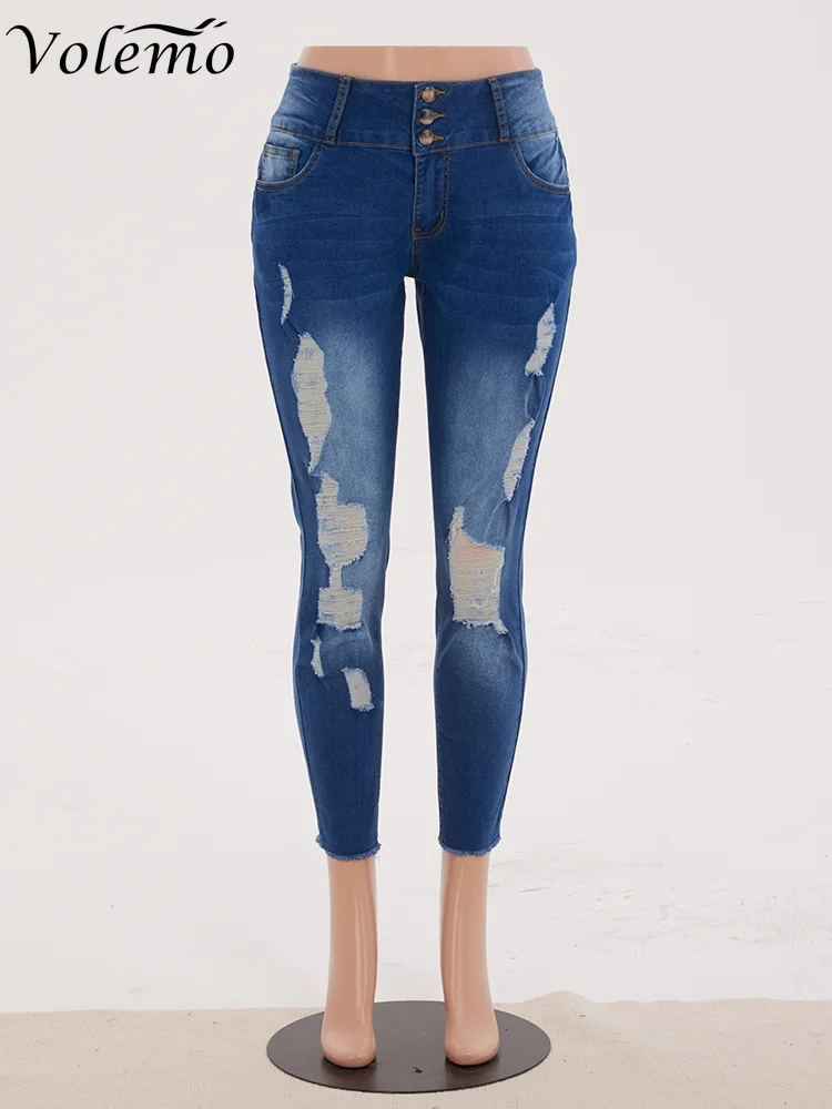 

Женские винтажные джинсы Volemo, модные прямые джинсовые брюки, летние джинсовые брюки в стиле хип-хоп с эффектом потертости, уличная одежда с дырками и высокой талией