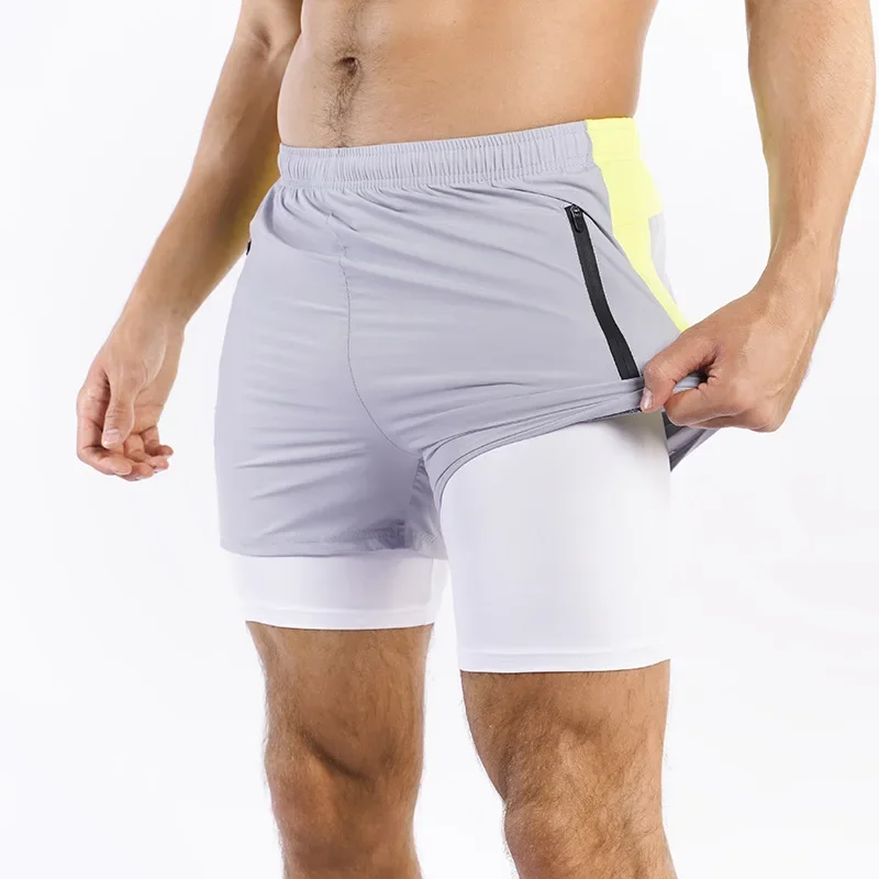 Men's Summer Breathable Quick Dry Fitness Training Short Running Three-In-One Shorts Double Layer Sport Shorts