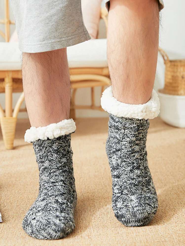 Fleece Thermal Non-slip Socks Winter Thick Warm Men Fashion Casual Indoor New Knitted Acrylic Crew Antiskid Floor 1 Pair