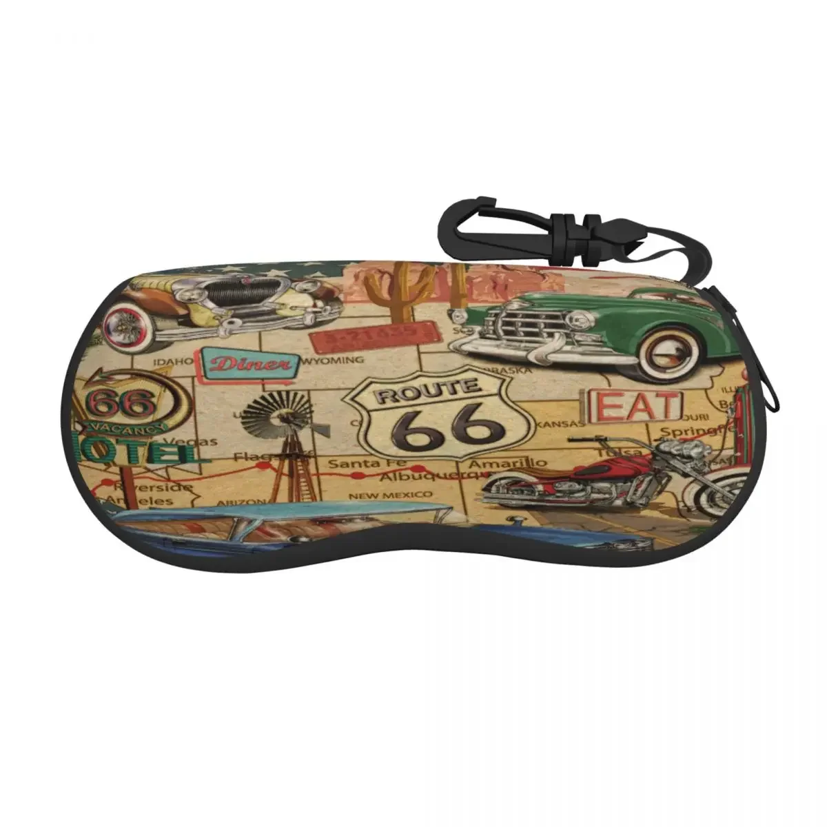 

Portable Eyewear Case Cover Vintage Route 66 Poster Sunglasses Soft Glasses Box With Lanyard Zipper Eyeglass Protector