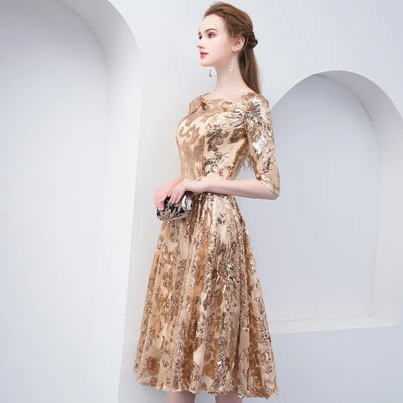 LANMU Gold Sequins evening Party dress Soiree O-neck Slim Waist A-line Vestidos 2024 New  vestido de festa prom dresses