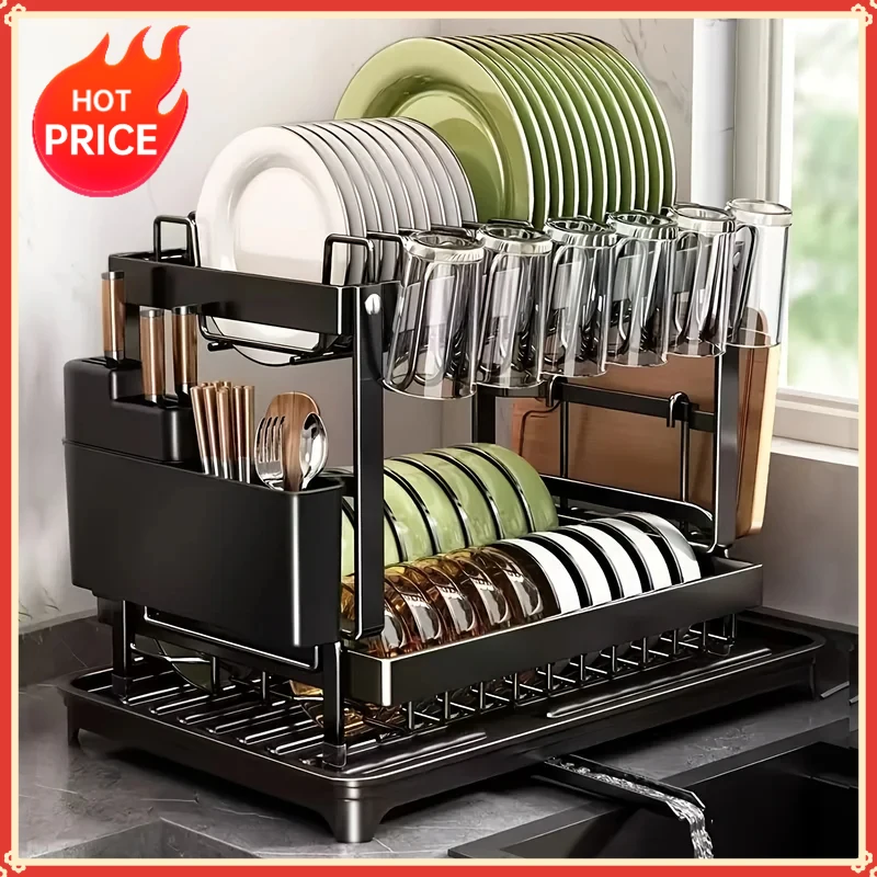 Large-Capacity Double-Layer Kitchen Storage Rack with Drainage, Lockable Metal Tableware Stand for Bowls, Kitchen Organizers