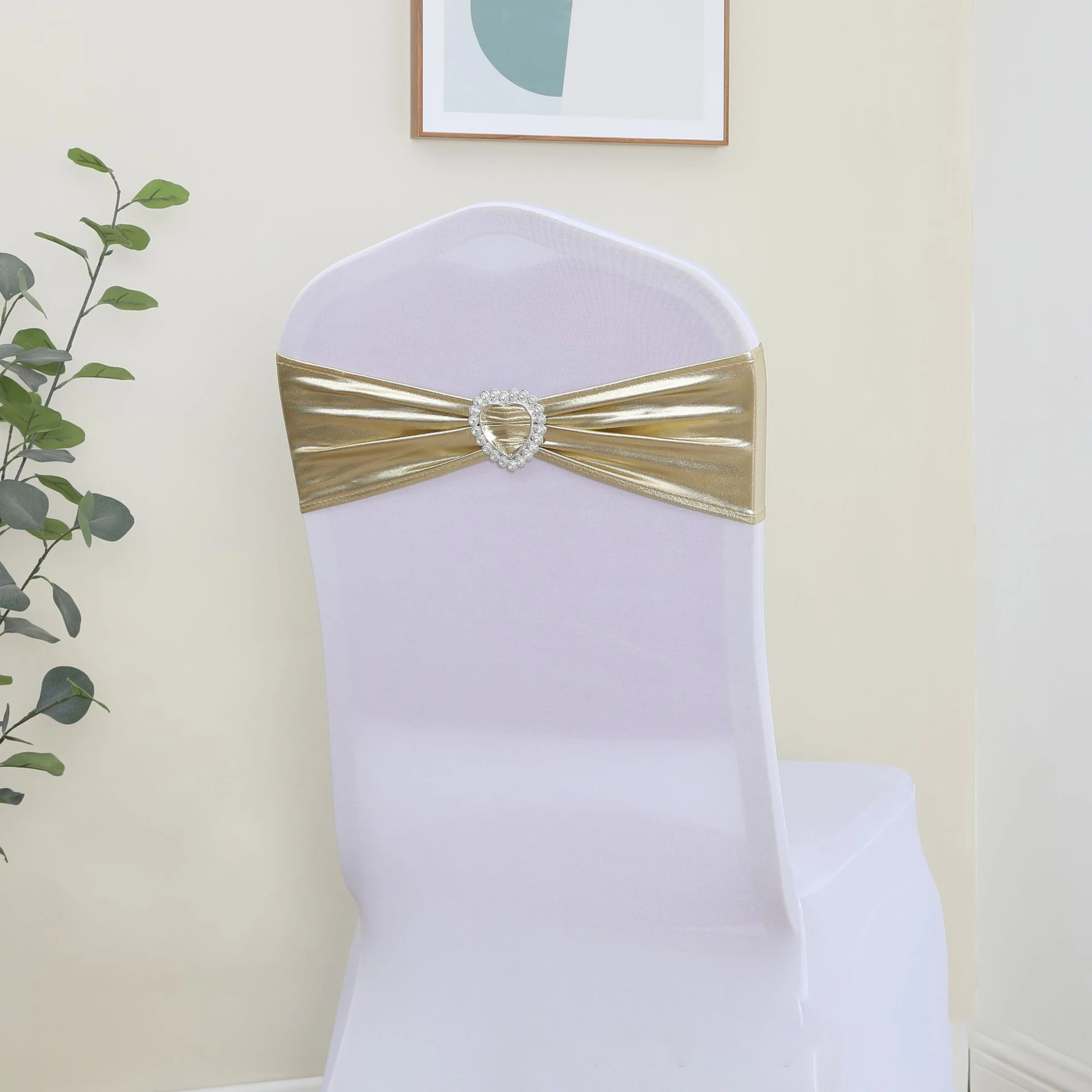 Metallic Gold Heart Buckle Knot Chair Bands Wedding Chair Decoration Spandex Chair Sashes Bow For Party Event Hotel Banquet Home