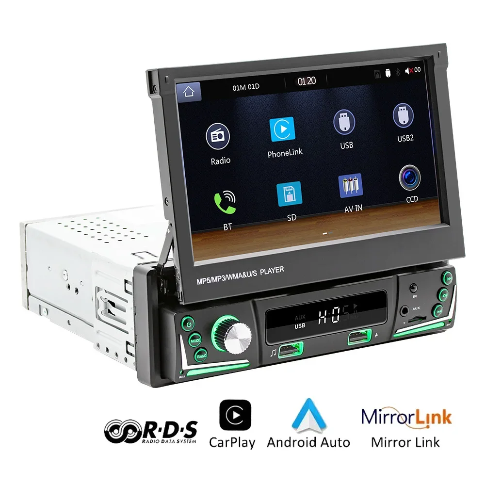 HD 무선 안드로이드 자동 카플레이, 비디오 멀티미디어, MP5 플레이어, 개폐식 스크린 미러 링크, 자동차 BT, FM, USB, AUX, 9606W, 1Din, 7 인치 