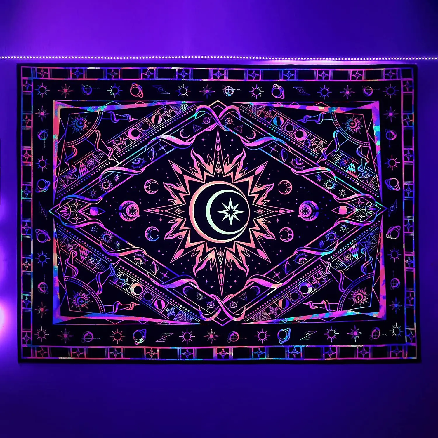 Large Blacklight Mushroom Tapestry UV Reactive Moon and Stars Tapestries Wall Hanging Aesthetic Tapestry Glow in The Dark