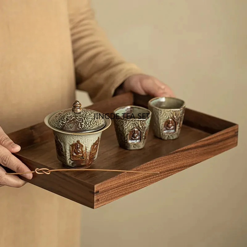 150ml rough pottery vintage Dunhuang handmade covered bowl large tea cup Kung Fu tea set container