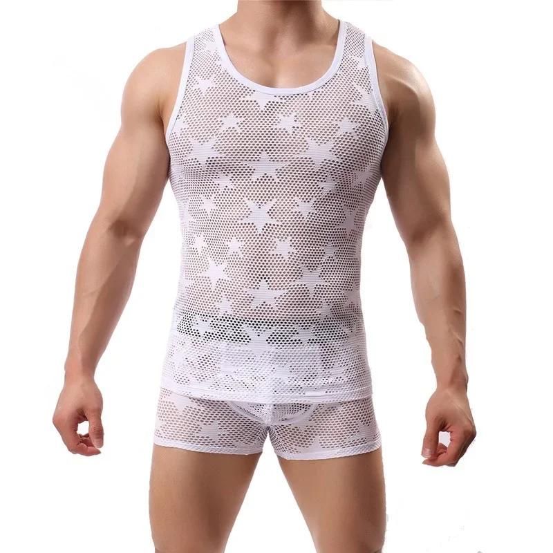 Men Clothes Set Undershirts Mesh See Through Men Tank Tops Hollow Out Underwear Panties Fitness Boxershorts Underpants Vest Tops